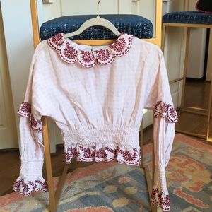 Pink and white gingham blouse with Eyelet collar and red embroidery. Sweet!